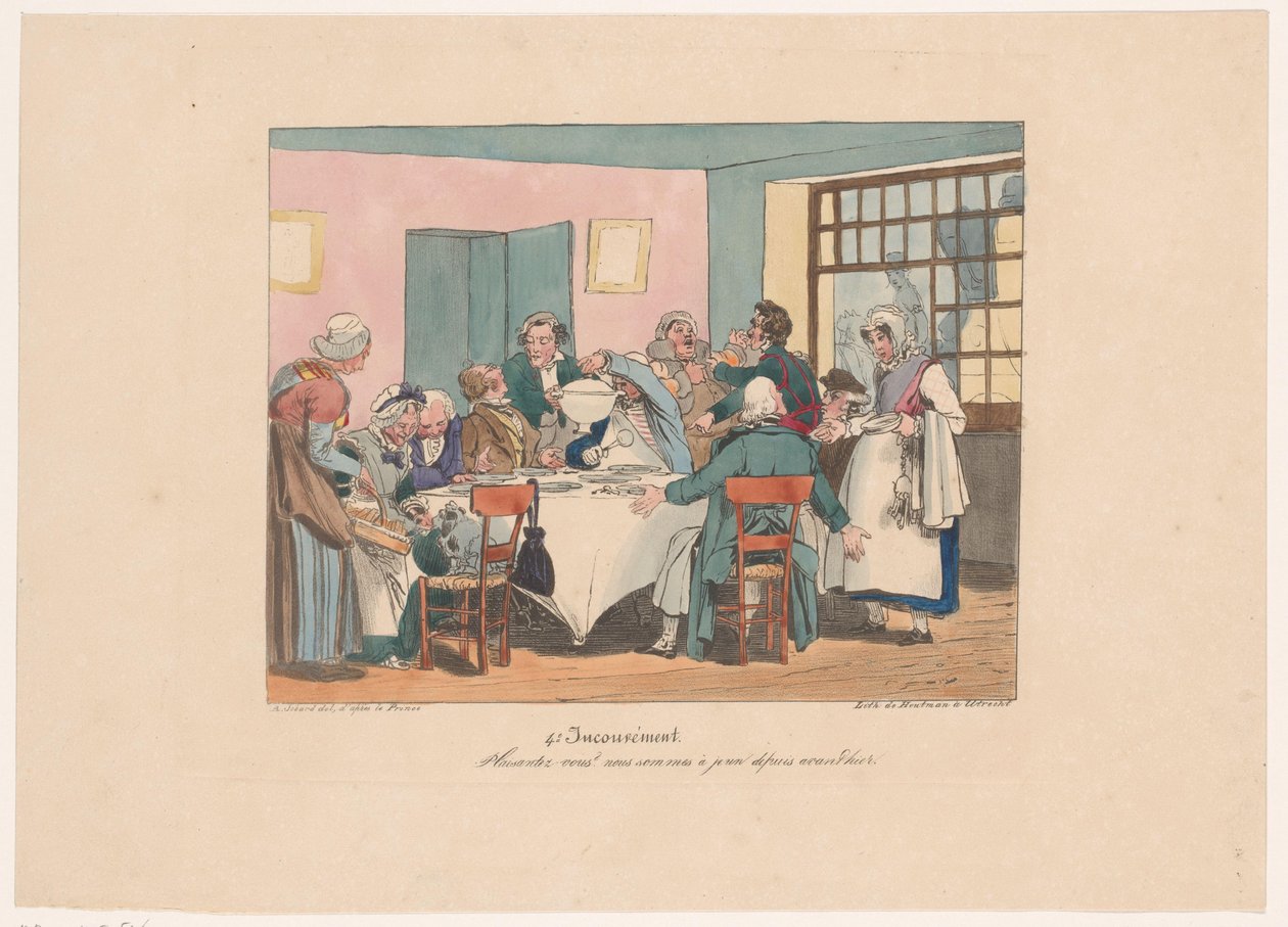 Gezelschap aan tafel aan het vasten Dalga mı geçiyorsun? Dünden beri oruç tutuyoruz (nesnedeki başlık) Ongemakken (dizi adı) Dezavantaj (nesne üzerinde seri başlığı) by Joseph Ambroise Jobard