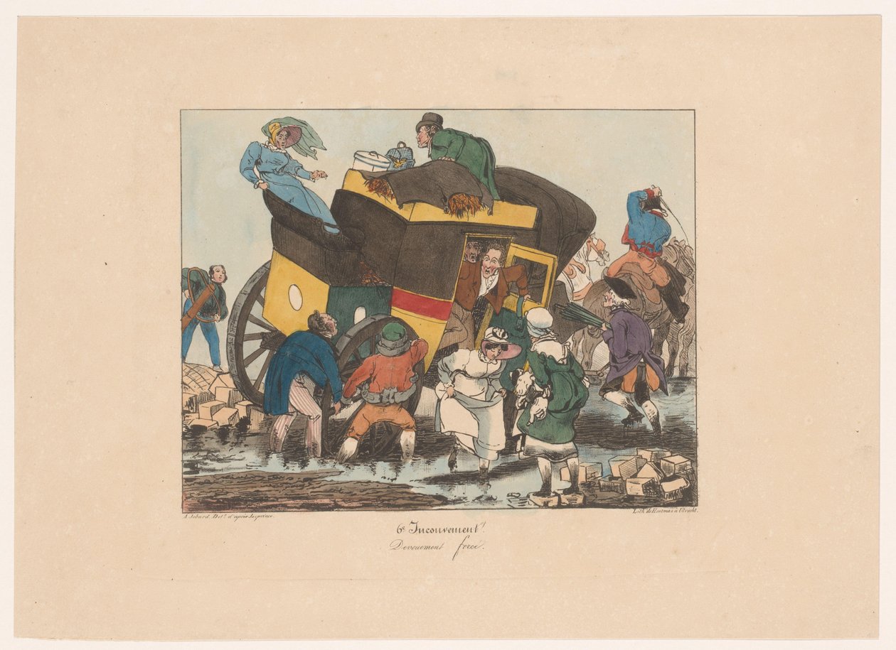 Yolcuları çamura saplanmış omnibüs Dévouement kuvveti (nesne üzerindeki başlık) Rahatsızlık (dizi adı) Uygunsuz (nesnede dizi başlığı) by Joseph Ambroise Jobard