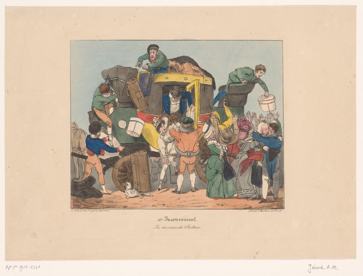Yolcular dönüş yolculuğundan sonra bir omnibüsten iniyor Les douceurs du retour (nesne üzerindeki başlık) Rahatsızlık (dizi adı) Uygunsuz (nesnede dizi başlığı) by Joseph Ambroise Jobard