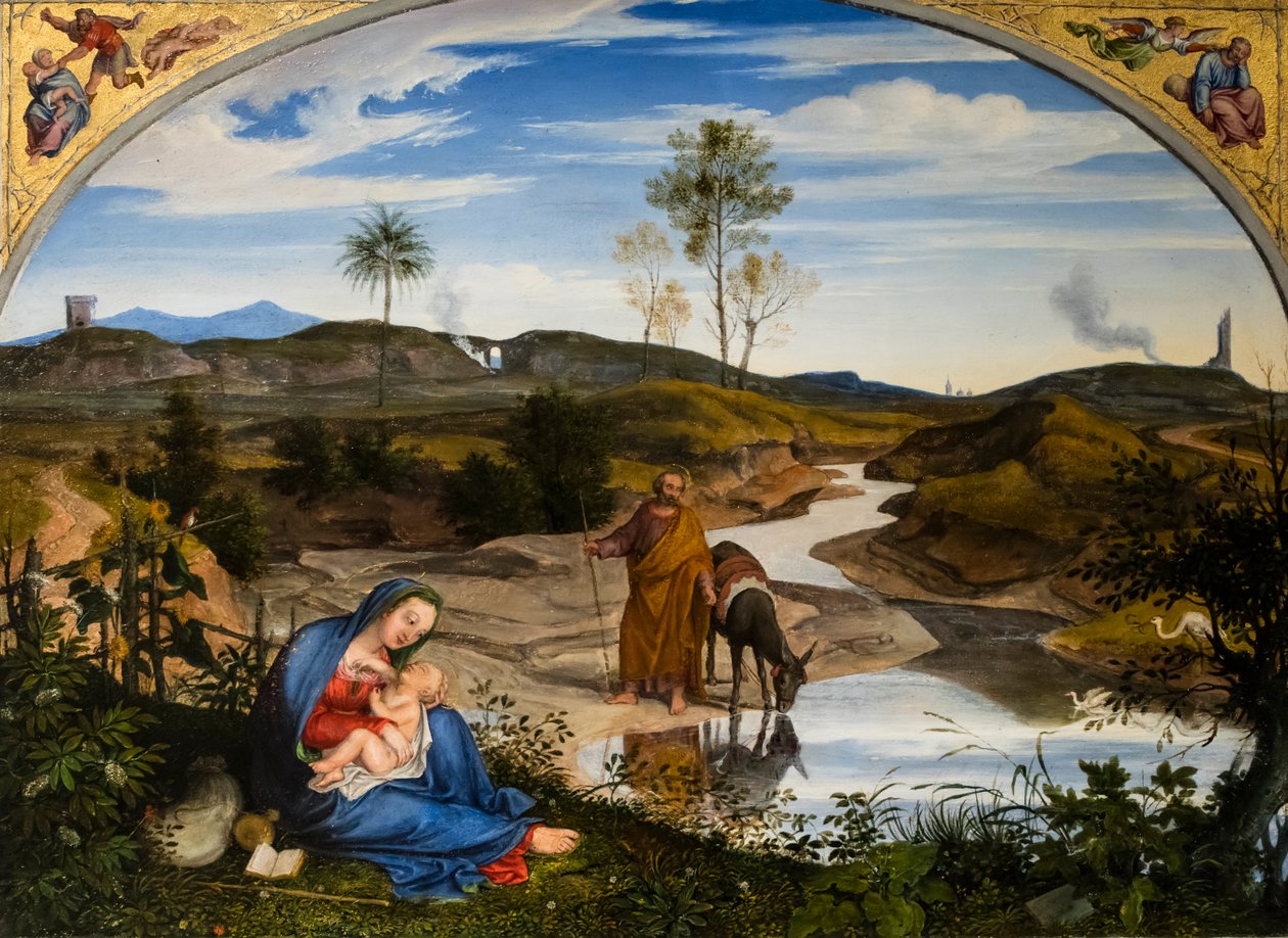 Repos pendant le fuite en Egypt, 1820-1825 civarı (Ahşap üzerine yağlıboya (ceviz)) by Joseph Anton Koch