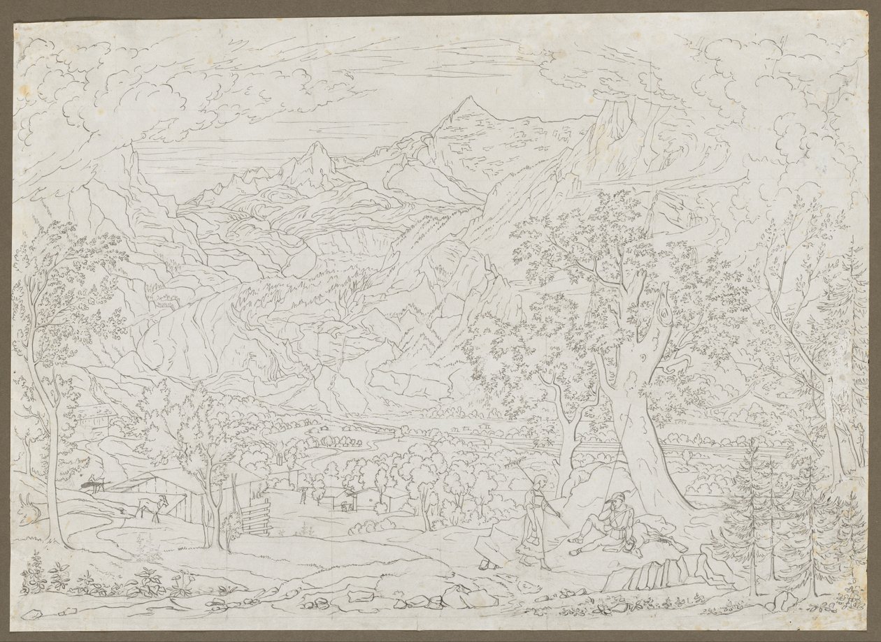 Ön Planda Avcı ve Köylü Kız ile Grindelwald Buzulu by Joseph Anton Koch