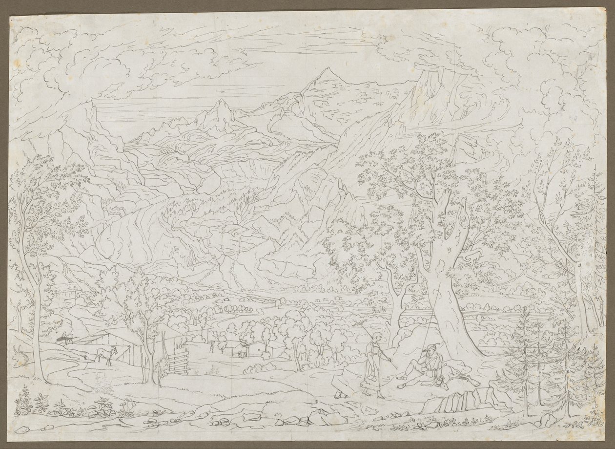 Ön Planda Avcı ve Köylü Kız ile Grindelwald Buzulu, yaklaşık. 1823. by Joseph Anton Koch