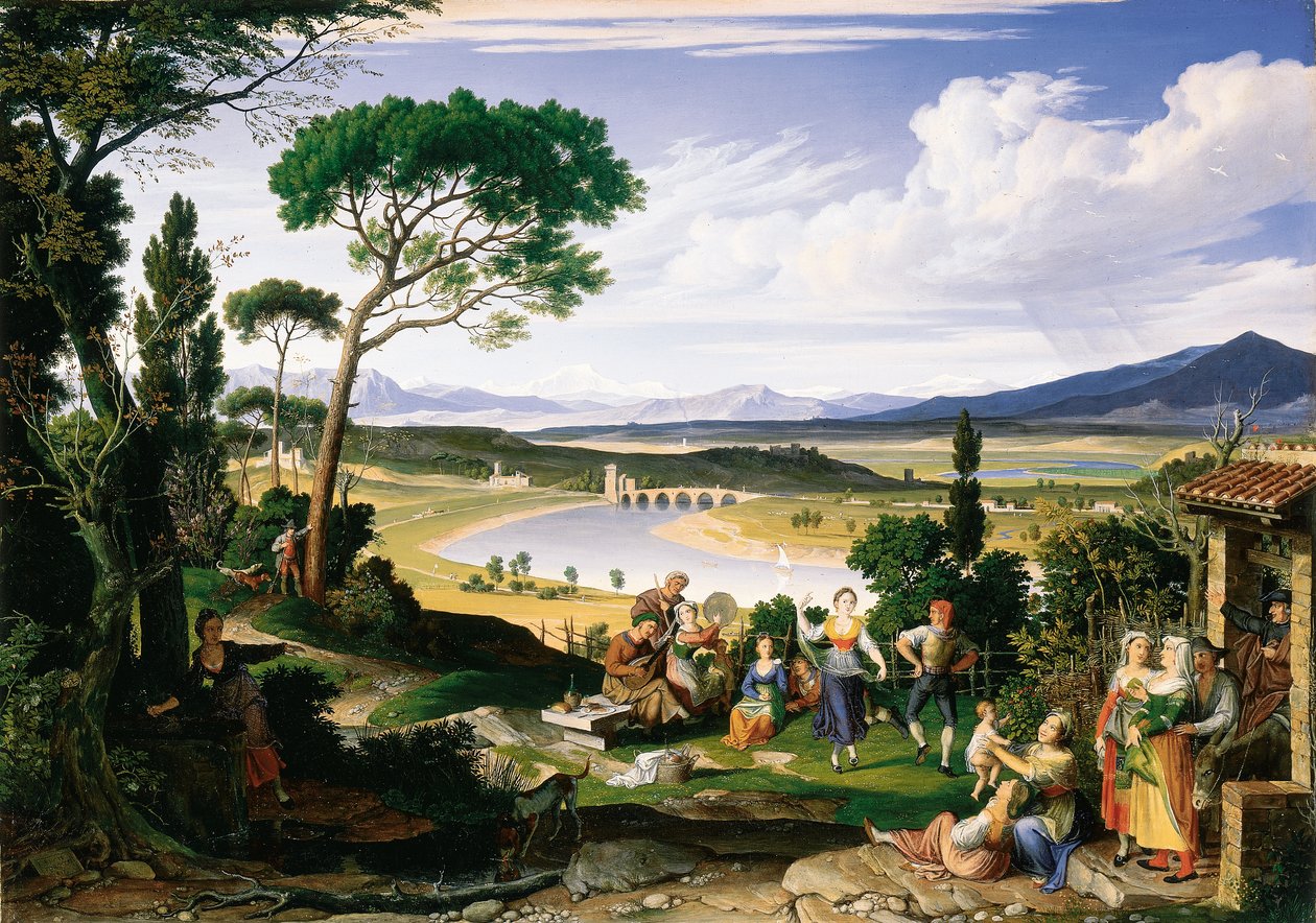 Neşeli ülke halkıyla Tiber manzarası, 1817 by Joseph Anton Koch