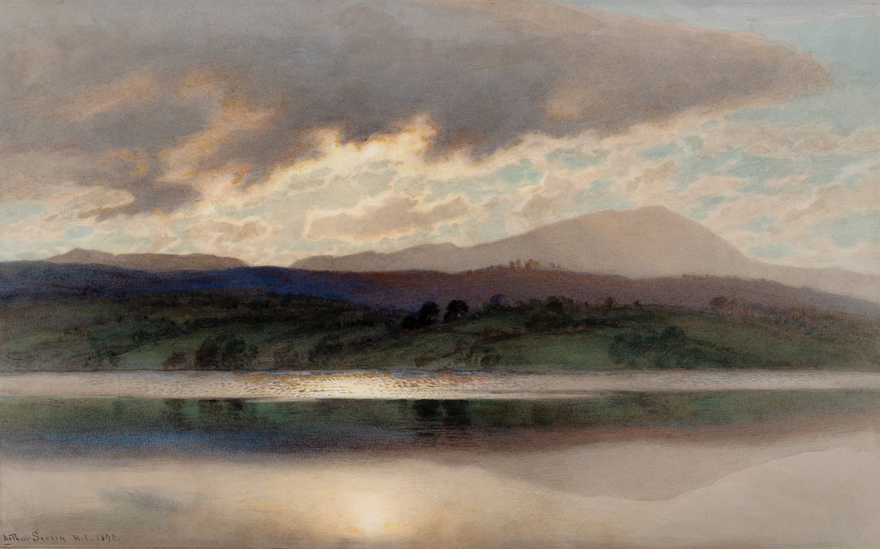 Esthwaite Suyu üzerinde gün batımı (suluboya) by Joseph Arthur Palliser Severn
