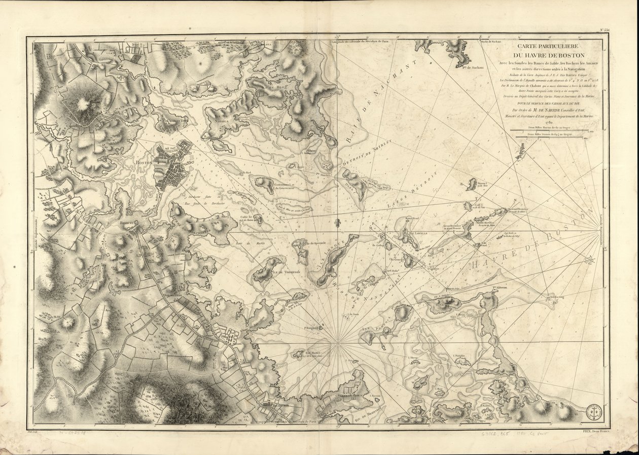 Sondaları, kum çubuklarını, kayaları, denizleri ve navigasyonda faydalı diğer yönleri gösteren Boston limanının özel bir haritası. by Joseph Bernard; Des Barres Chabert