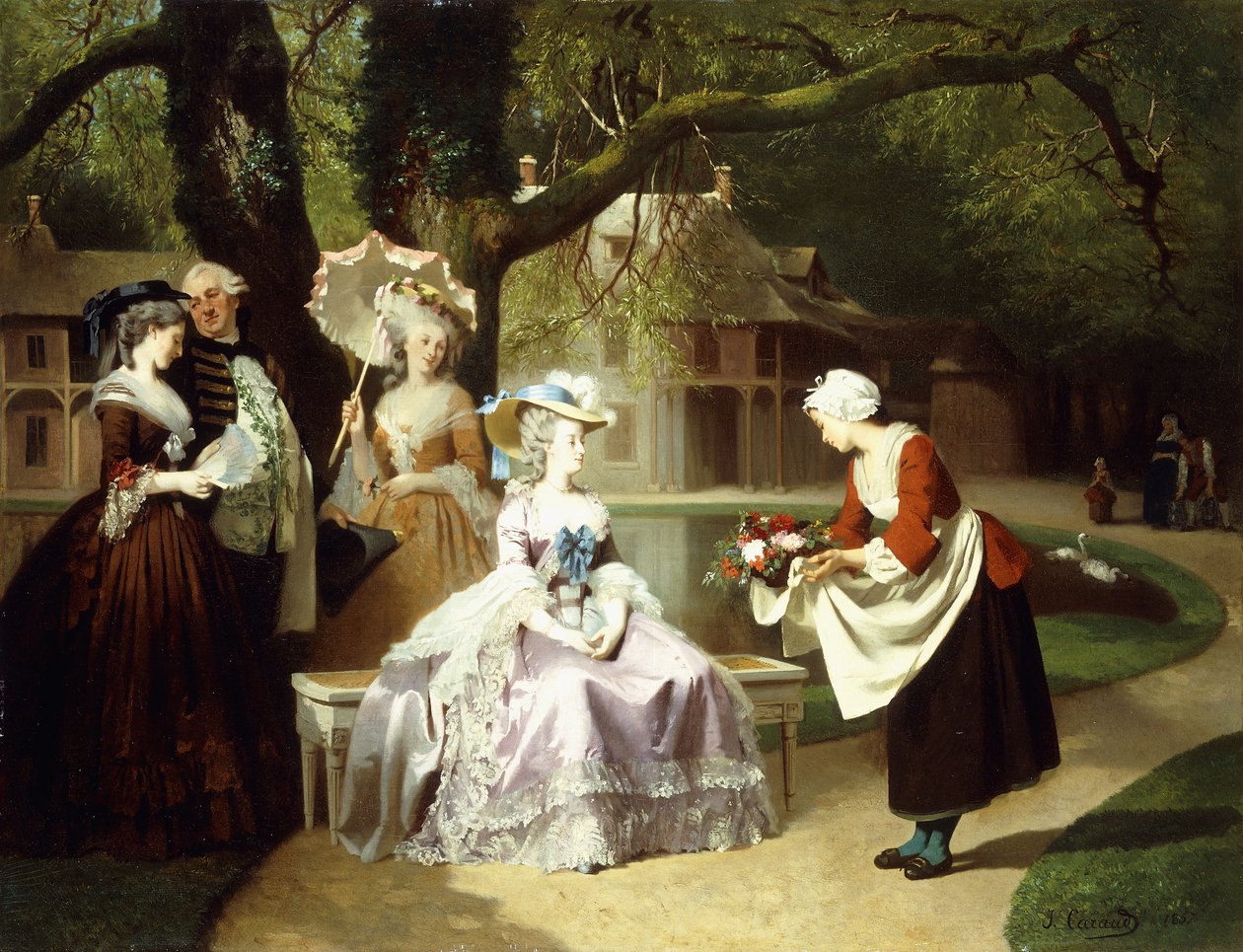 Marie Antoinette ve Louis XVI, Madame Lambale ile Tuileries Bahçesinde, 1857 by Joseph Caraud