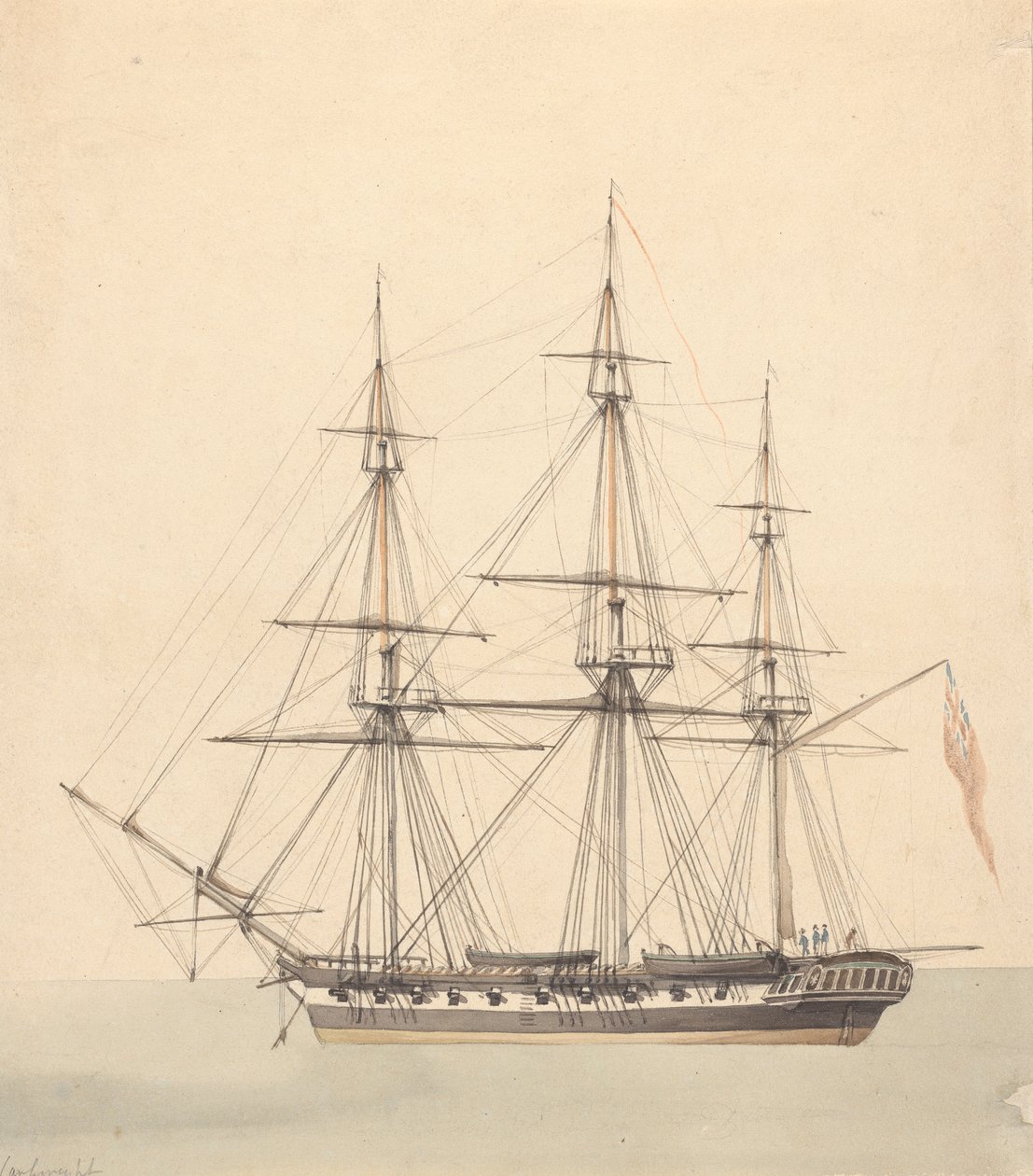 Deniz Üniformalı Üç Figür ve Union Jack ile Tek Korvet (?) by Joseph Cartwright
