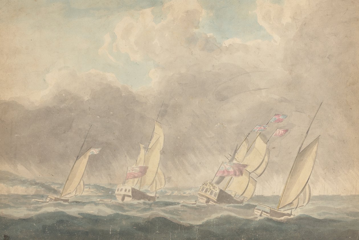 İki Sloop Savaş, Bir Barque ve Bir Schooner (?), Sterns Forward, Ağır Denizlerde; Arka Planda Birkaç Yelkenli Gemi by Joseph Cartwright
