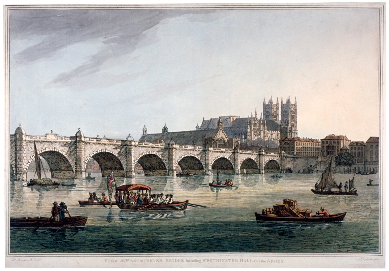 Westminster Köprüsü, Westminster Abbey ve Westminster Hall, Londra, 1789. by Joseph Constantine Stadler