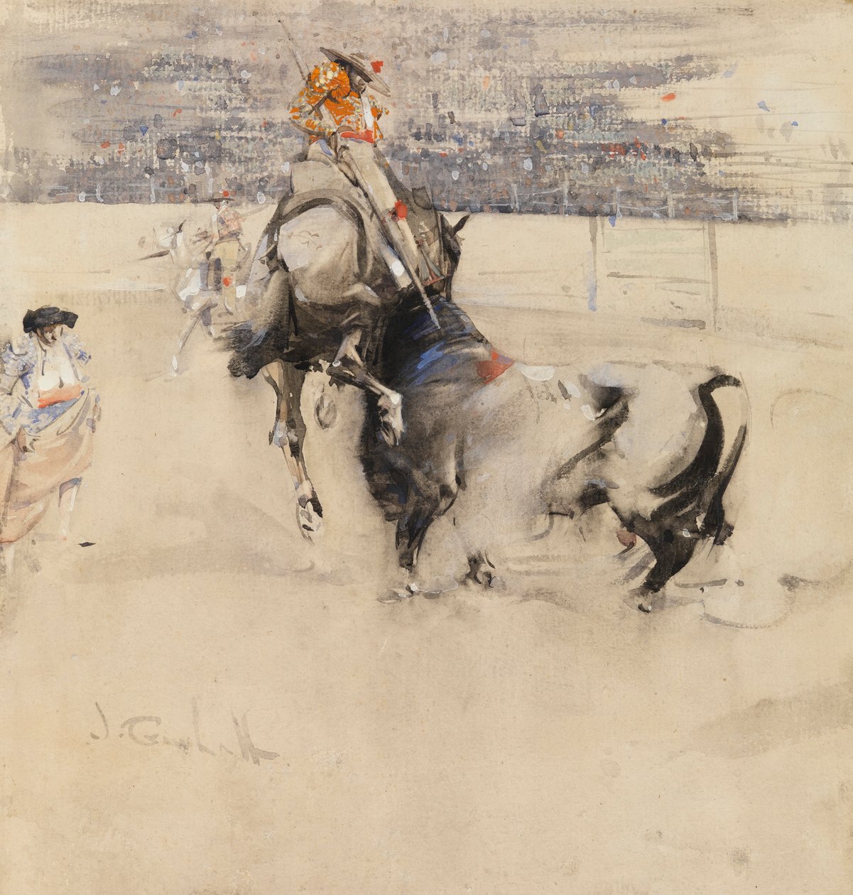 Algeciras'ta Boğa Güreşi (kağıt üzerine gövde rengiyle sulu boya) by Joseph Crawhall