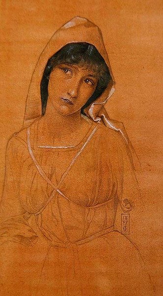 Pelerin giyen kız (kalem ve kağıt üzerine sulu boya) by Joseph Edward Southall
