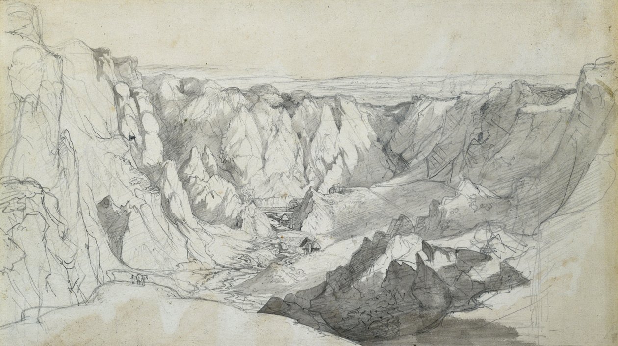 Cornwall'daki Carclase Tin Mine, c.1810 (kağıt üzerine yıkamalı kurşun kalem) by Joseph Farington