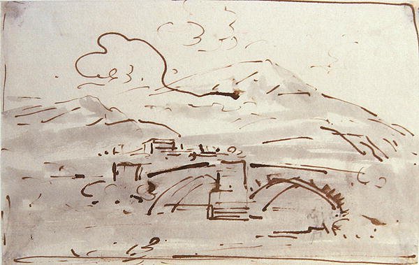 Bir köprü ile manzara (suluboya) by Joseph Farington
