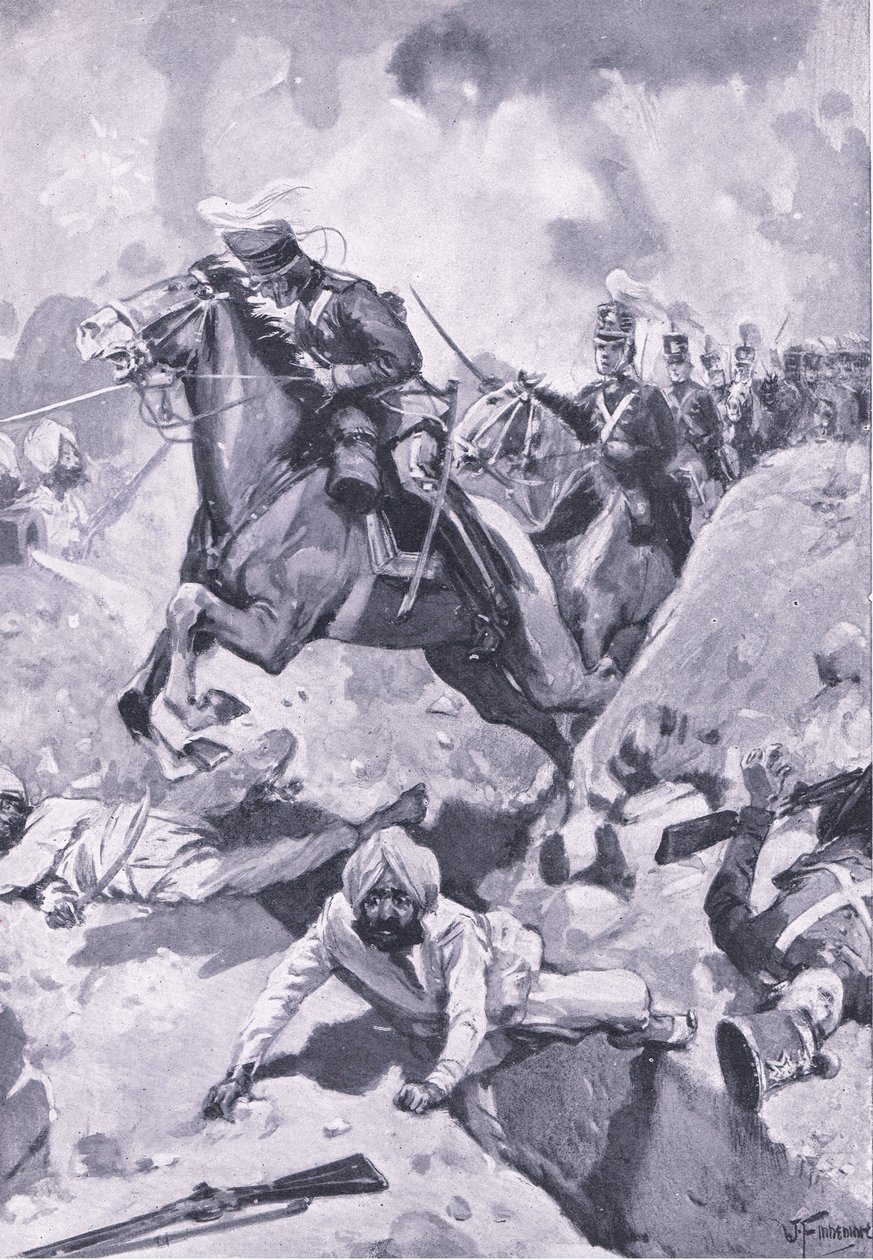 Sobraon: Sir Joseph Thackwell, bazı Sih toprak işlerinde tek sıra halinde 3. Hafif Ejderhalara liderlik ediyor, İngiliz Kara ve Deniz Savaşlarından bir örnek, 1915 by Joseph Finnemore
