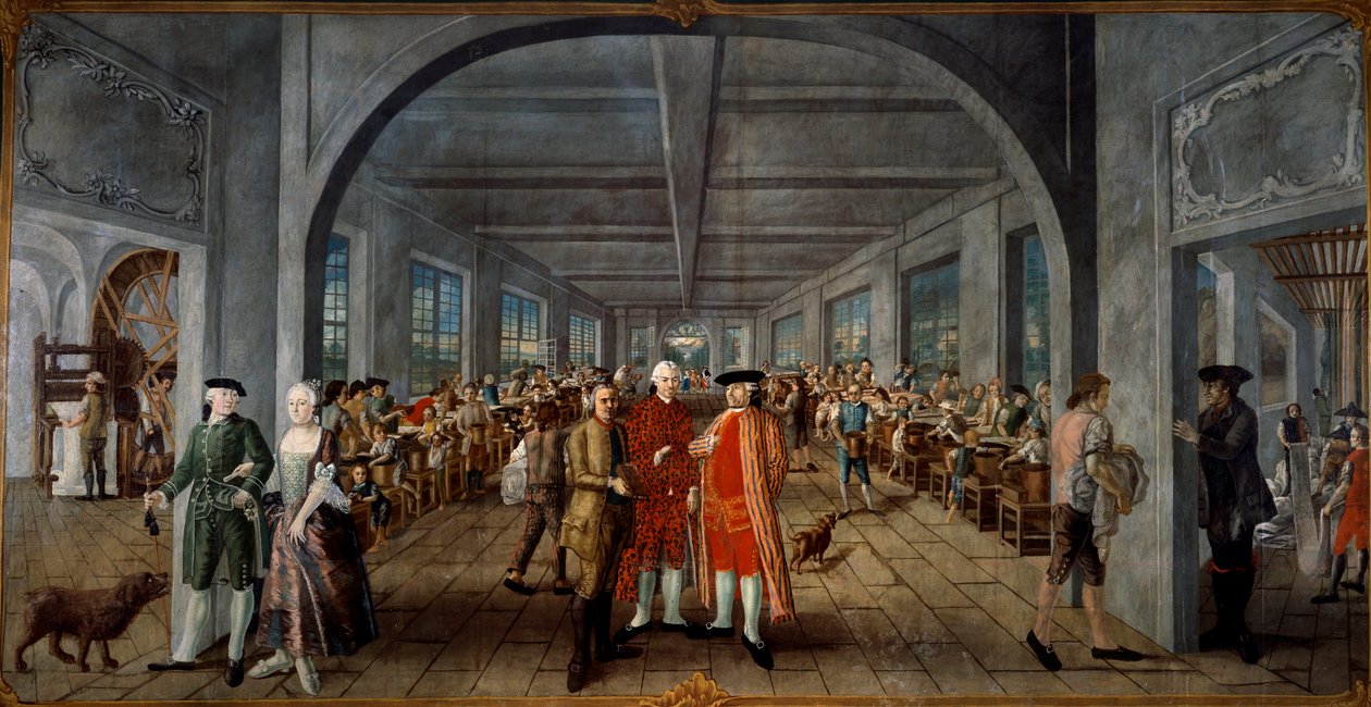 Wetter Brothers Indian Fabric Factory Solda, Bay ve Bayan Jean Rodolphe (Jean-Rodolphe) Wetter zengin vetus. Merkezde bir işçi, fabrika müdürü Pierre Pignet'e bir baskı levhası sunuyor, arkasındaki işçiler iş başında. Sağda, bir parça by Joseph Gabriel Rossetti
