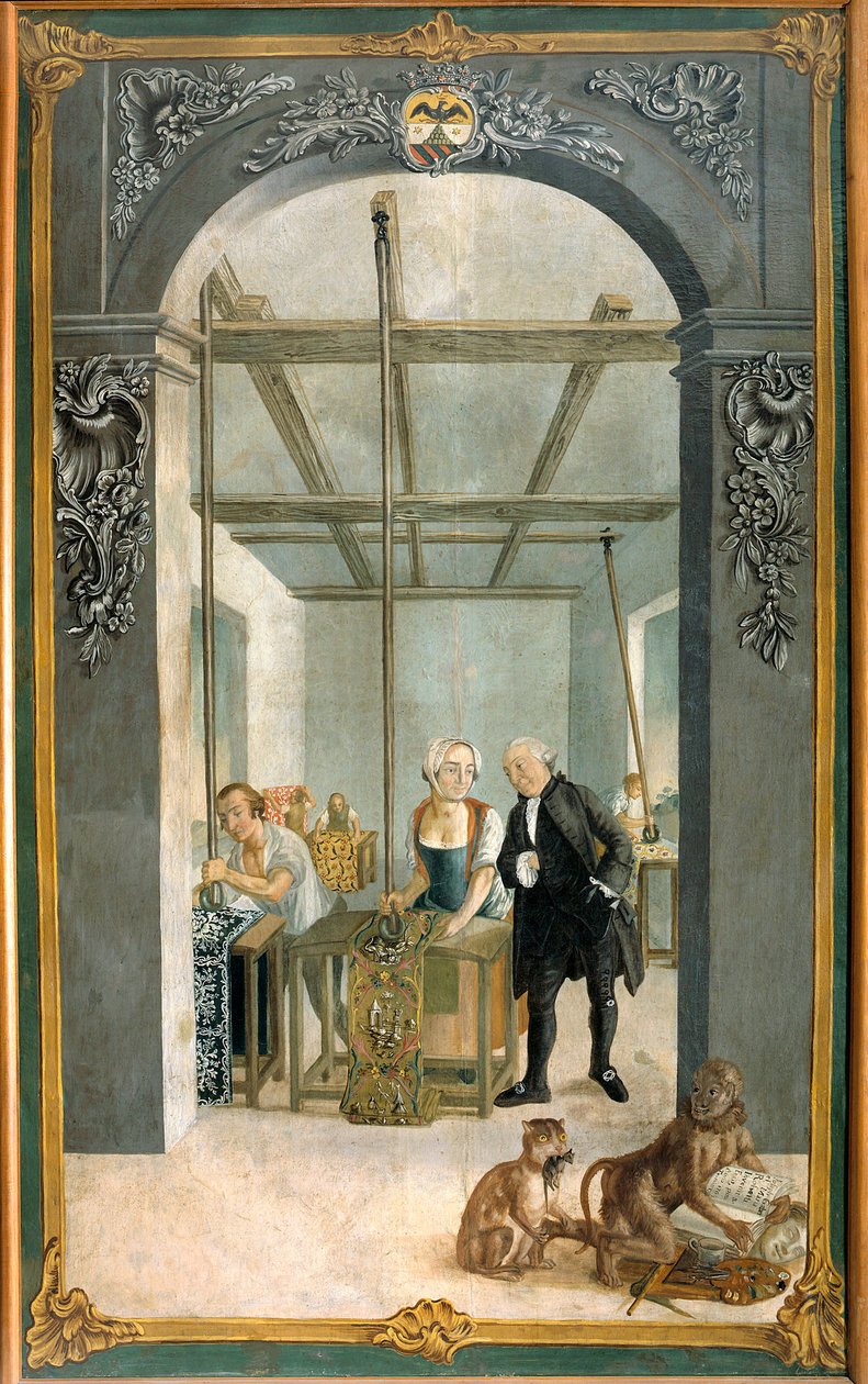 Wetter Brothers Indian Fabric Factory: Basılmış tuvallerin ızgarasından geçen işçiler Joseph Gabriel Rossetti'nin resmi (18. yüzyıl). 1764 Orange, Belediye Musee by Joseph Gabriel Rossetti
