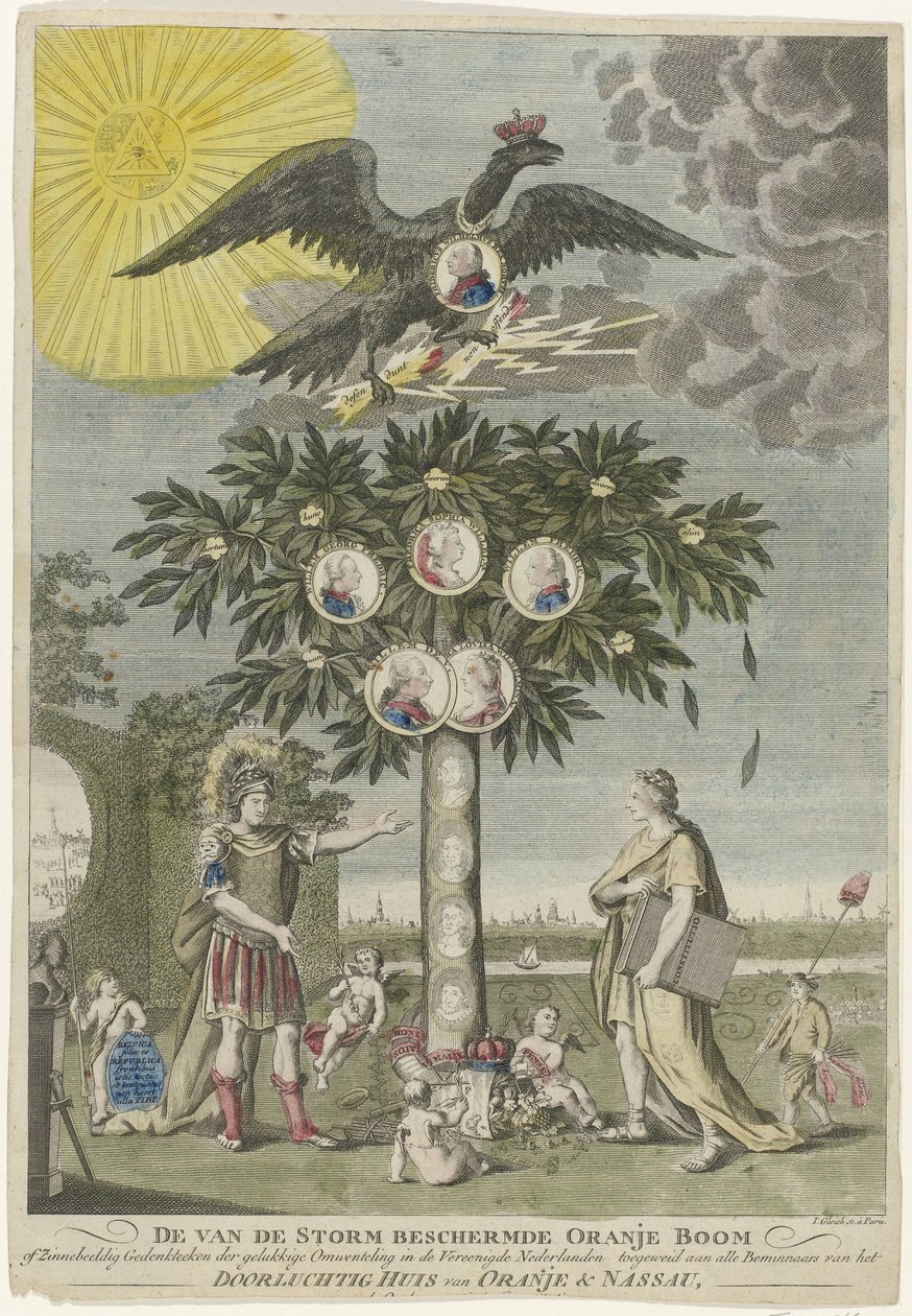 Stadholder William V'nin Restorasyonu Alegorisi (kopya), 1787 Fırtınadan korunan Birleşik Hollanda'daki Portakal Ağacı veya Mutlu Devrimin Sembolik Anıtı, Sakin Orange & N Evi'nin tüm Sevenlerine adanmış by Joseph Gleich
