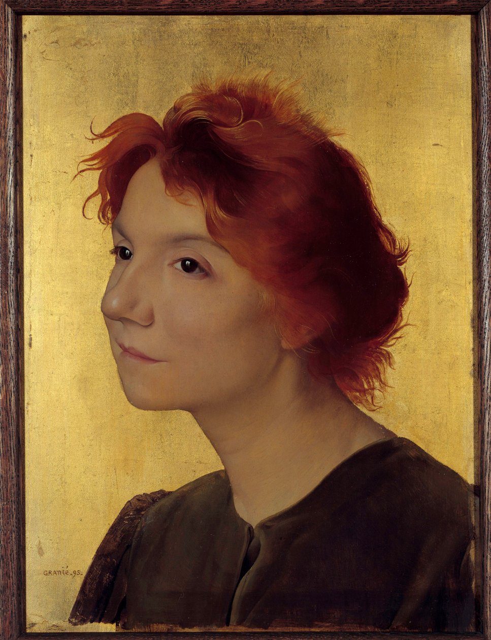 Yvette Guilbert (1867-1944) şarkıcısının portresi. Altın arka planda kızıl saçlı bir kadının portresi. Joseph Granie
