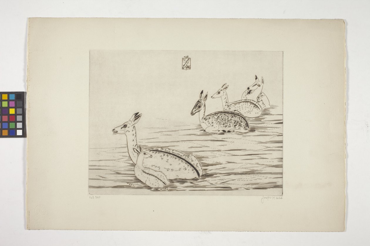 Cerfs Indochinois I (Çinhindi Geyiği I) (krem dokuma kağıda oyma) by Joseph Hecht