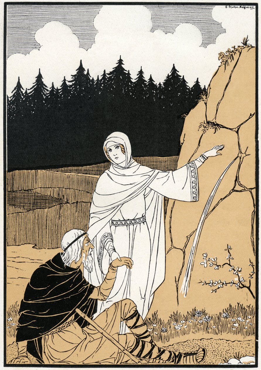 La legende de Sainte Odile (Odile de Hohenbourg, yaklaşık 662- yaklaşık 720) kayadan bir pınar çıkarırken - Joseph Kuhn Regnier (Kuhn-Regnier) (1873-1940) tarafından "Legendes et contes d