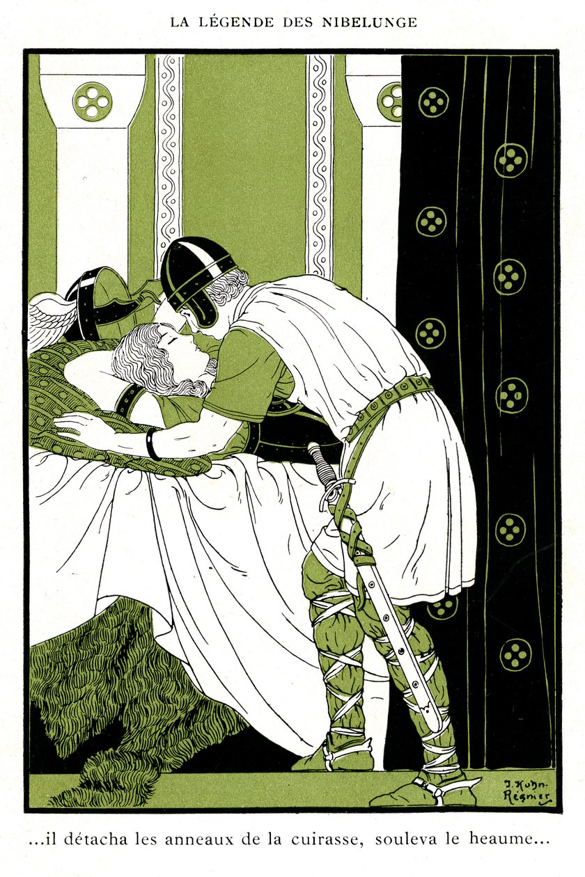 Nibelunge Efsanesi: Siegfried, Walkyrie Brunnhilde'yi (kromolitograf) kucaklıyor by Joseph Kuhn Regnier