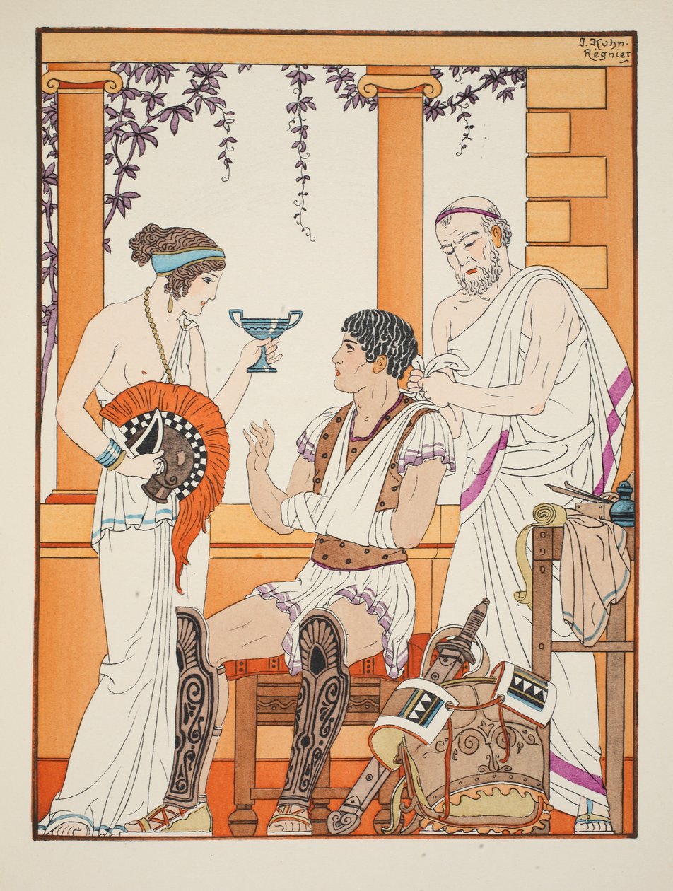Kol askısında yaralı asker, 'Hipokrat'ın Eserleri'nden bir çizim, 1934 by Joseph Kuhn Regnier