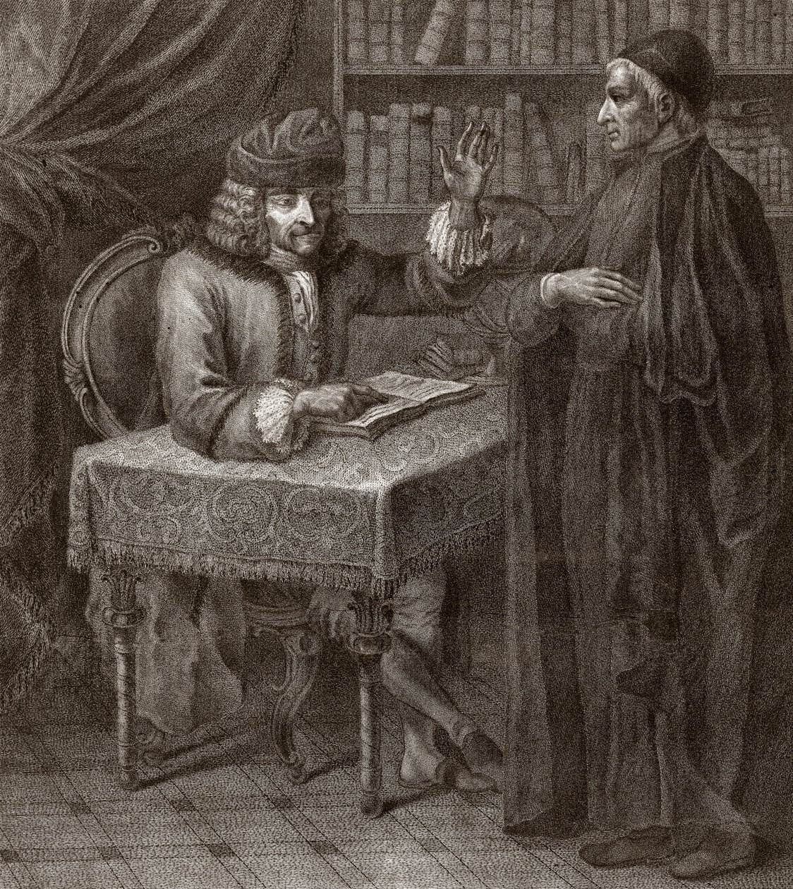 Voltaire ve keşiş - VOLTIER, Francois-Marie Arouet - bir din adamıyla. Voltaire ve bir rahip (Din) - Joseph Lante tarafından gravür - 1764 by Joseph Lante