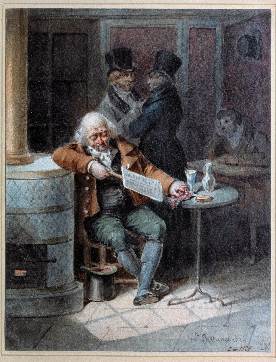 Reading of the Gazette””: old man sleeped in a cafe reading the newspaper “The Gazette”” in 1824. Lithograph by Joseph Louis Hippolyte Bellange (1800-1866) 1824 Paris, Musee Carnavalet by Joseph Louis Hippolyte Bellange