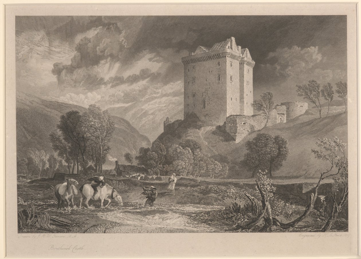 Henry Le Keux (1775-1851) tarafından oyulmuş Borthwick Kalesi (İskoçya'nın Eyalet Eski Eserleri ve Pitoresk Manzarası) by Joseph Mallord William (after) Turner