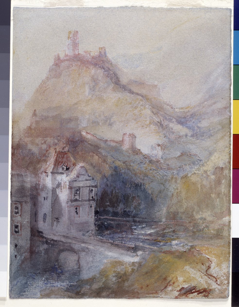 Cochem On The Mosel (mavi kağıt üzerine suluboya ve guvaş) by Joseph Mallord William Turner