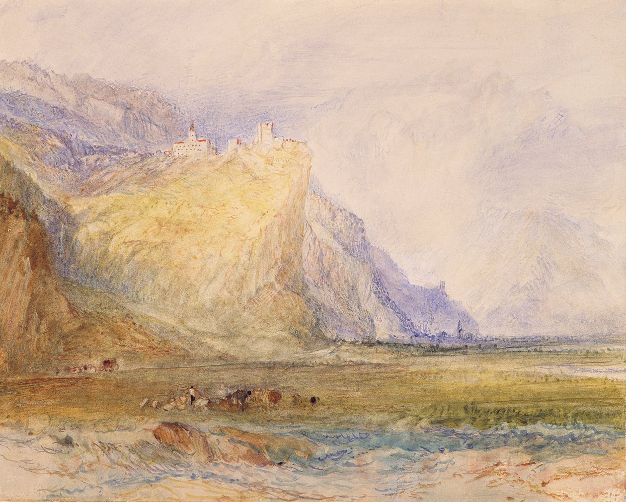 Domleschg Vadisi, güney doğuya, Schloss Ortenstein'a doğru bakıyor, 1853 dolayları (kağıt üzerine suluboya) by Joseph Mallord William Turner