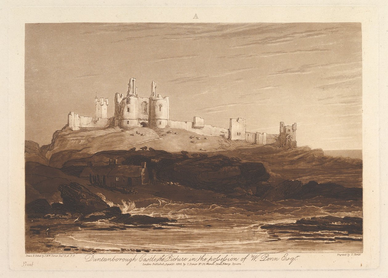 Dunstanborough Castle Liber Studiorum, bölüm III, levha 14, 10 Haziran 1808. by Joseph Mallord William Turner