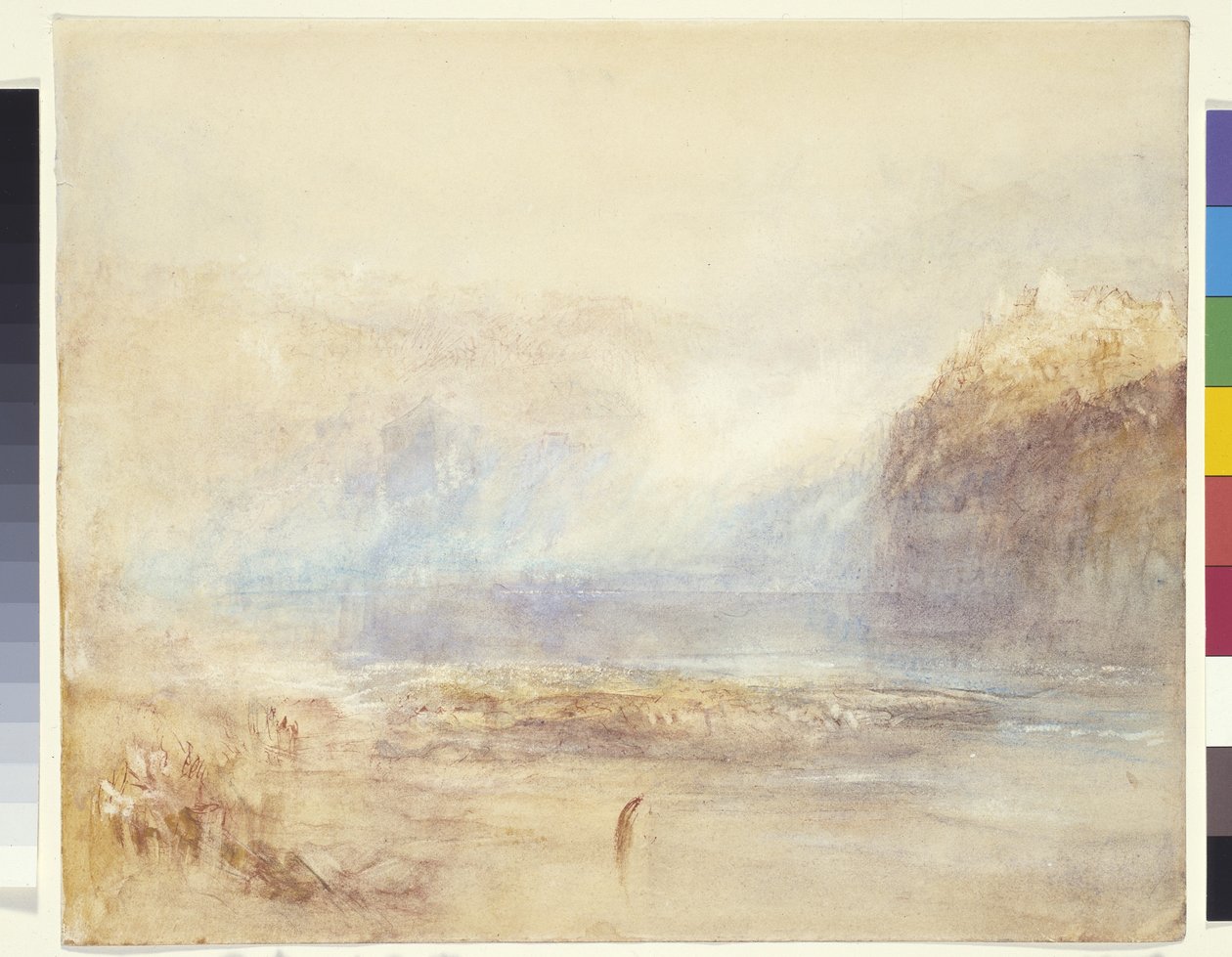 Schaffhausen'de Ren Şelaleleri - Uzak Görünüm (beyaz kağıt üzerine gri astar üzerine suluboya, kalem ve kırmızı mürekkep) by Joseph Mallord William Turner