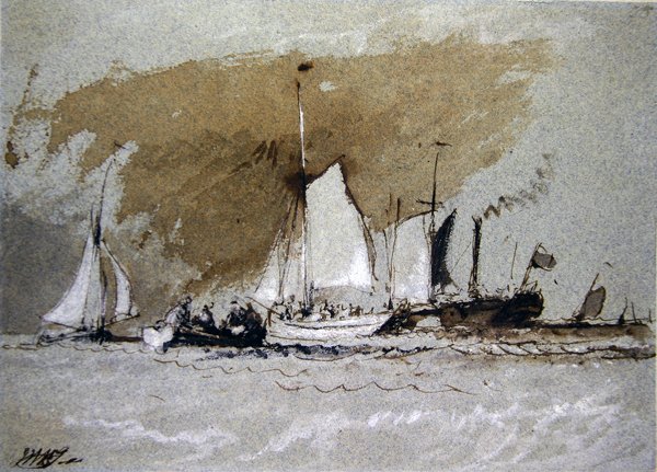 Denizde balıkçı tekneleri, Cowes, Wight Adası açıklarında bir vapura binmek (mavi kağıt üzerinde kalem ve mürekkep yıkama ve gövde rengi) by Joseph Mallord William Turner