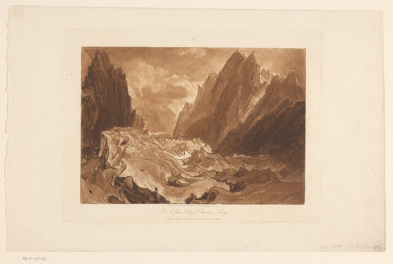 Mont Blanc'daki Mer-de-Glace buzulunun görünümü Mer de Glace - Chamouni Vadisi - Savoy (nesne üzerine başlık) Peyzaj çalışmaları (dizi başlığı) Liber Studiorum (dizi başlığı) by Joseph Mallord William Turner