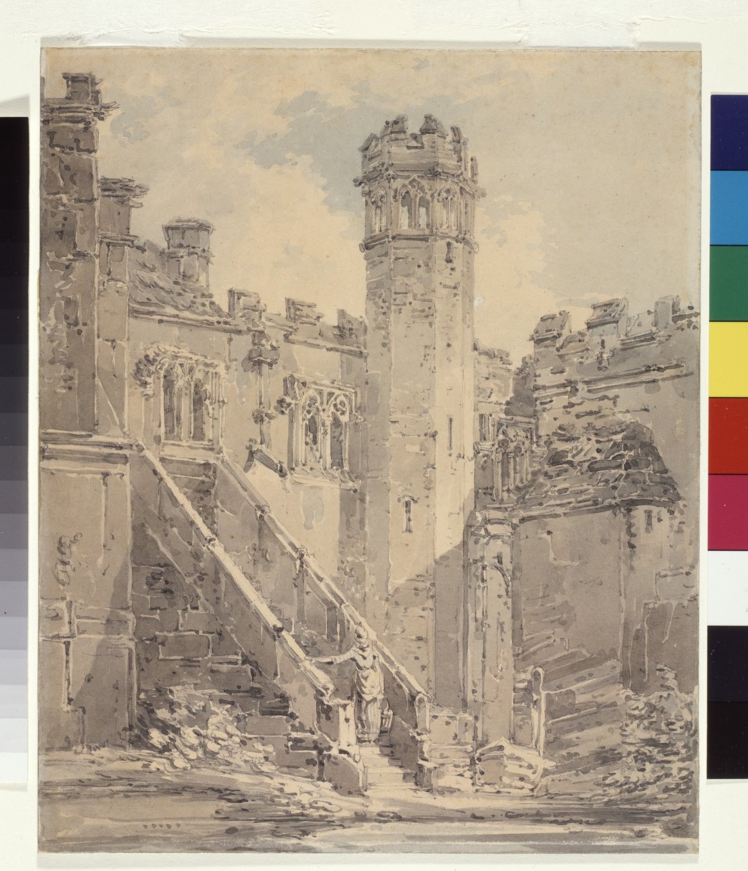 Bakewell, Derbyshire yakınlarındaki Haddon Hall (beyaz kağıt üzerine kurşun kalem üzerinde mavi ve gri mürekkep yıkanır) by Joseph Mallord William Turner