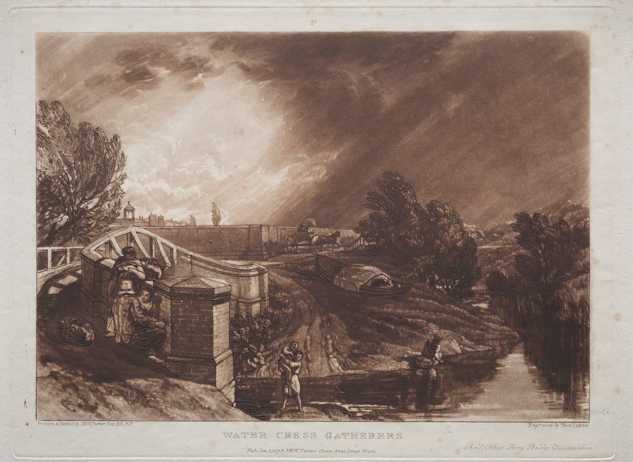 Liber Studiorum: Su teresi Toplayıcılar, Raylar Başkanı, Feribot Köprüsü, Twickenham. by Joseph Mallord William Turner