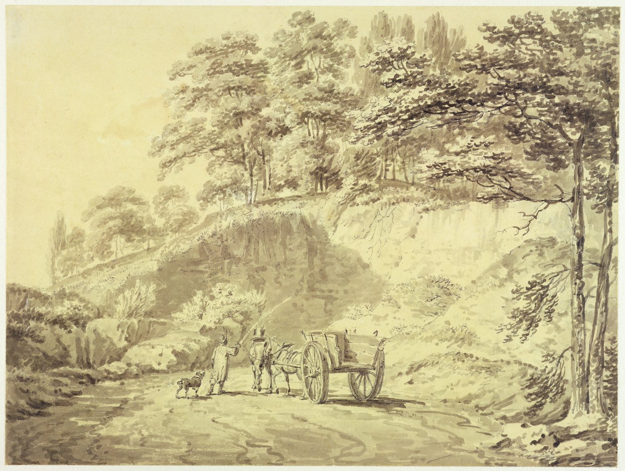 Atlı ve Arabalı Bir Taş Ocağına Giren Adam, c.1797 (kağıt üzerinde grafit ve gri yıkama) by Joseph Mallord William Turner