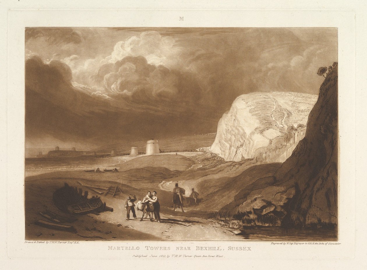 Bexhill yakınlarındaki Martello Kuleleri, Sussex Liber Studiorum, bölüm VII, levha 34, Haziran 1811. by Joseph Mallord William Turner