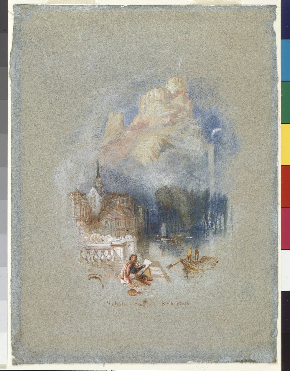 Nicholas Poussin'S Doğduğu Yer (mavi kağıt üzerine kırmızı mürekkeple güçlendirilmiş suluboya ve guvaş) by Joseph Mallord William Turner