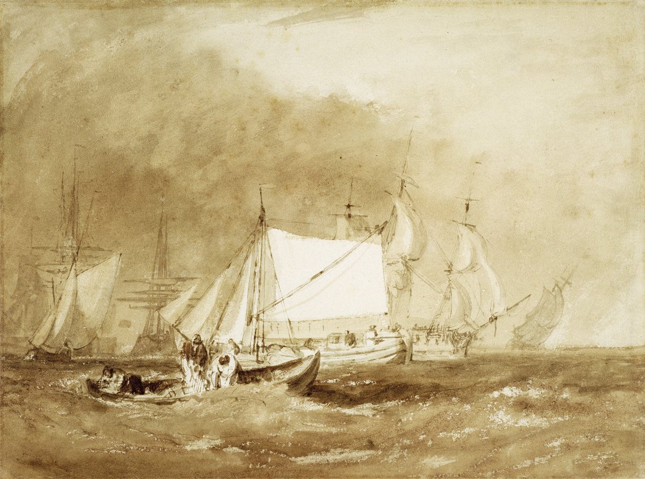 Nakliye Sahnesi, Balıkçılar ile, c.1815-20 (kağıt üzerinde fırça ve kahverengi mürekkep) by Joseph Mallord William Turner