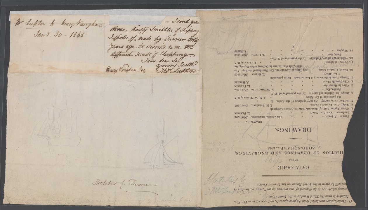 Bir katalog sayfasındaki iki geminin taslağı, c.1823 by Joseph Mallord William Turner