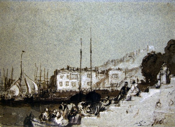 East Cowes, Wight Adası manzarası (mavi kağıt üzerine kalem, mürekkep ve gövde rengi) by Joseph Mallord William Turner