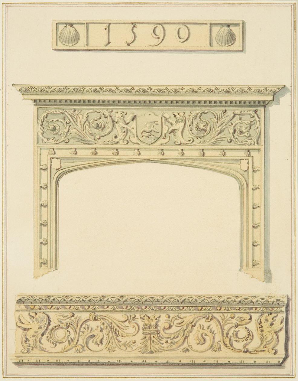 Üst odada baca ve kiriş, alt odada korniş, 9 Küçük Sokak (çizim, suluboya) by Joseph Manning