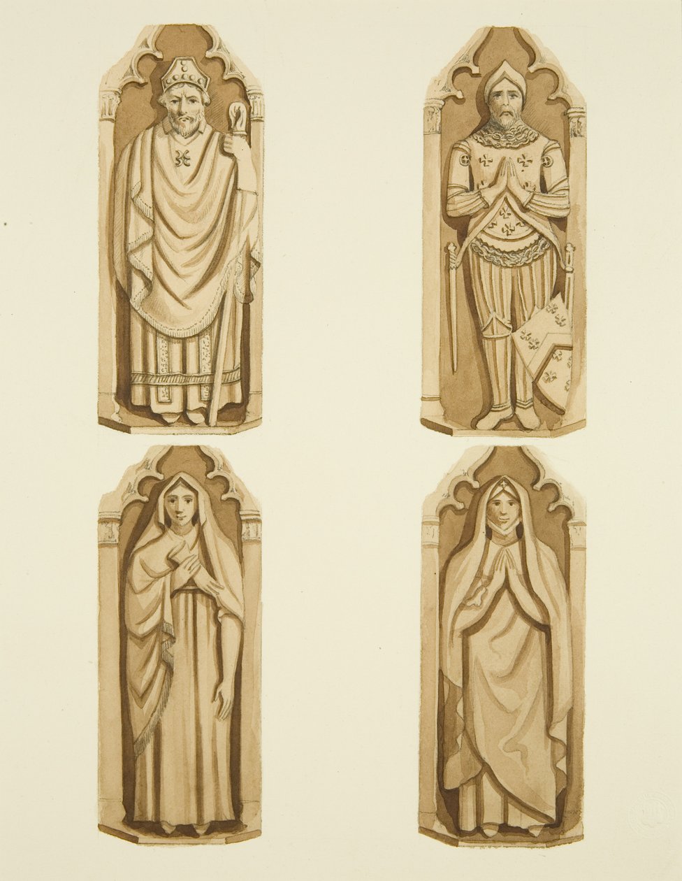 St Mark's sunağının her iki tarafında Clarke tarafından yapılan kapıları süsleyen dört figür (kağıt üzerine sulu boya) by Joseph Manning