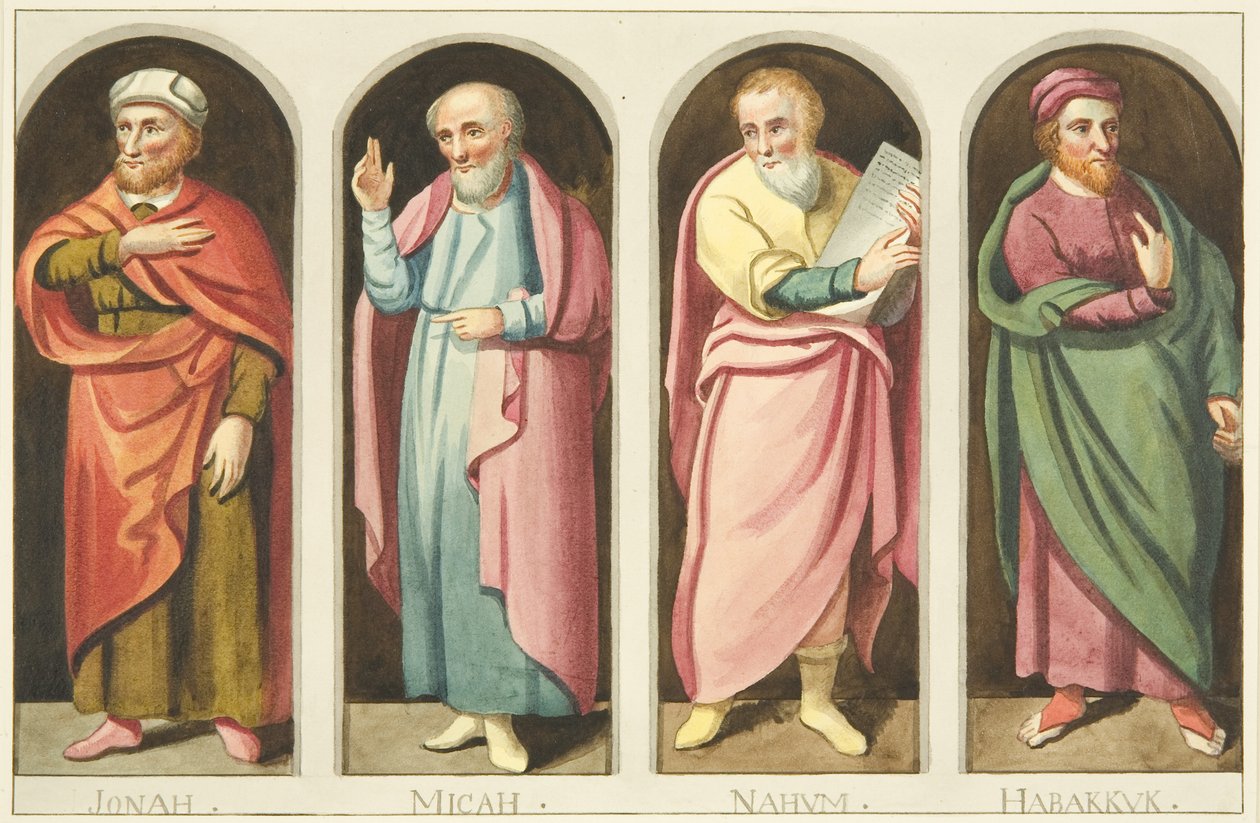 Nefi Bristol Katedrali korosundan ayıran ekranın batı tarafına boyanmış dört küçük peygamber (kağıt üzerine suluboya) by Joseph Manning