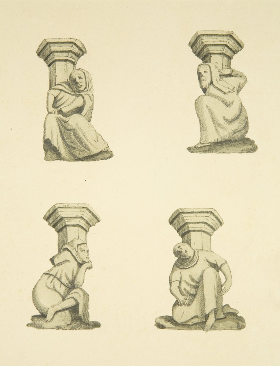 St Mary Redcliffe kulesinde (başlangıçta heykelleri destekleyen) dört kafes kiriş (kağıt üzerine sulu boya) by Joseph Manning