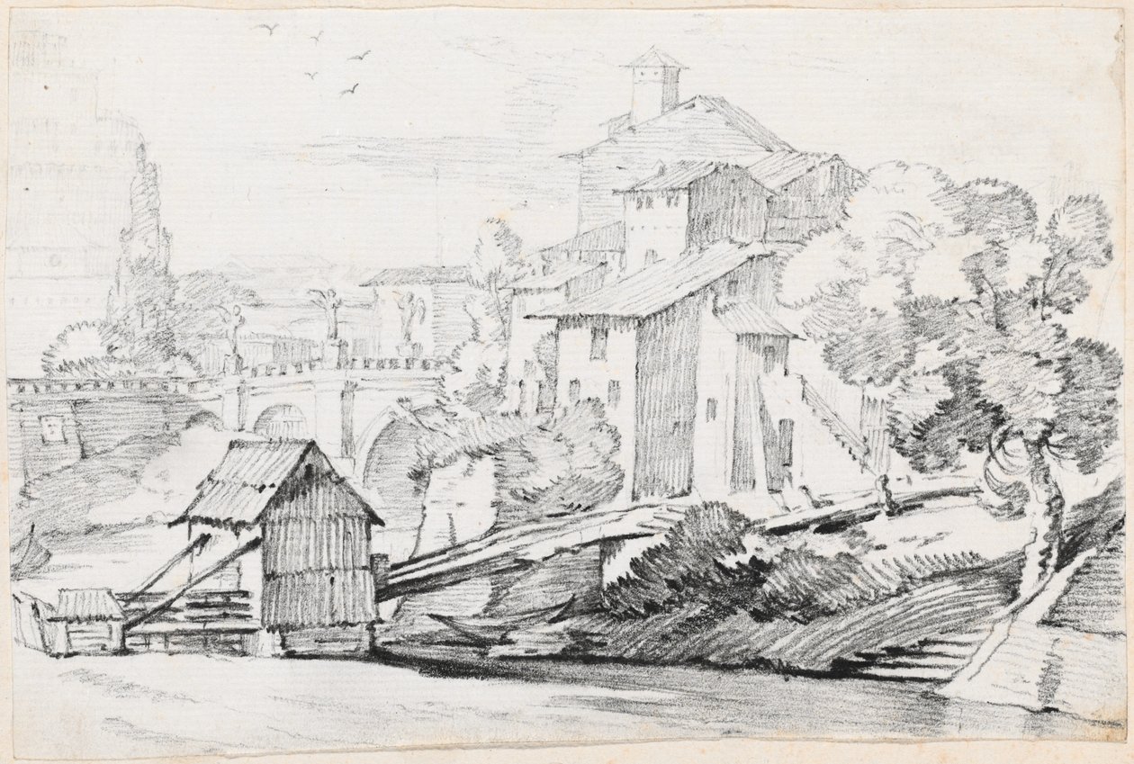 Ponte Sant'Angelo ve Tiber'in Doğu Yakasındaki Evler by Joseph Marie Vien
