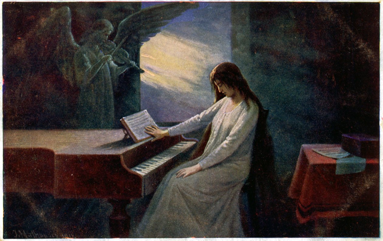 Müzik. Son akor. Piyanoda ölen kadın. İllüstrasyon, Josef Mathauser, Çek Cumhuriyeti, 1910 dolayları (kartpostal) by Joseph Mathauser