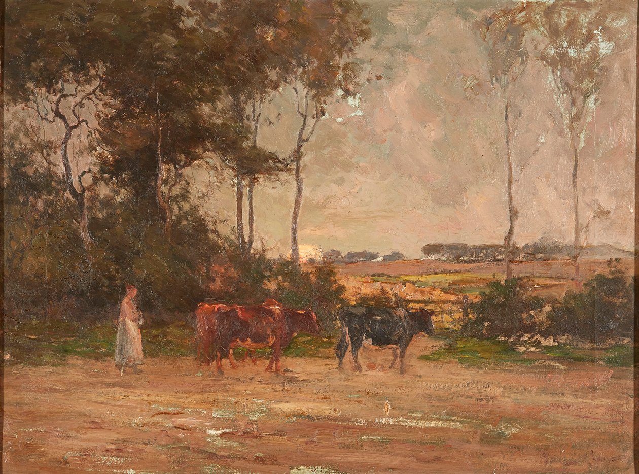 Gün Batımında Sığır Sürü (tuval üzerine yağlı boya) by Joseph Milne